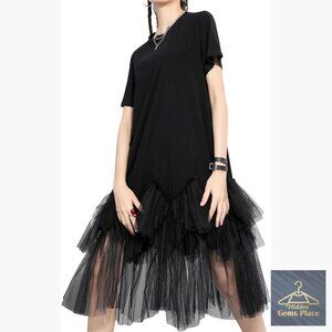 Oversized Tulle Tutu Dress Short Sleeve Crew Neck Midi Casual Plus Size
